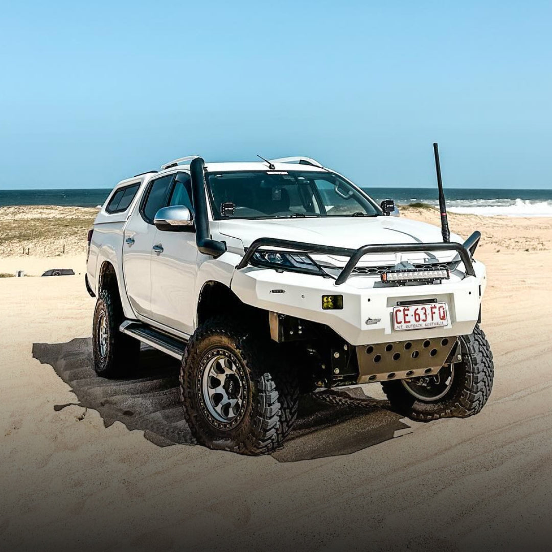 Bossco 4x4 Accessories bull bar, roof rack and snorkels installed on a white 4WD pickup truck ute ready for 4x4 adventure