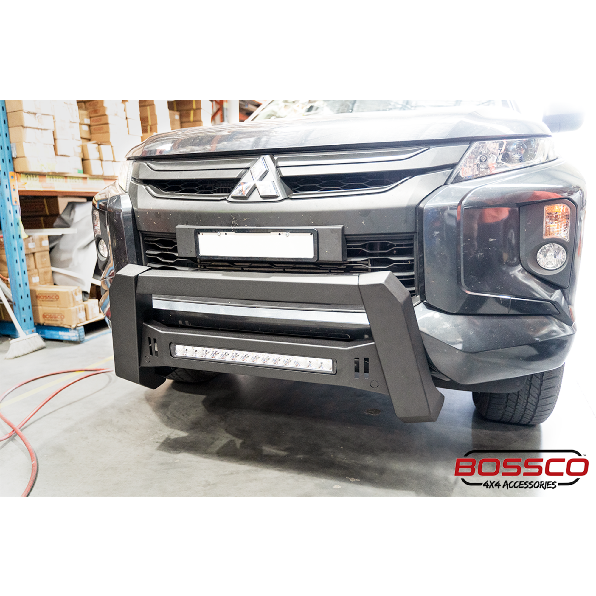 Triple Black Nudge Bar with Integrated Light Bar and Skid Plate suitable for Mitsubishi Triton MR 2019-2023