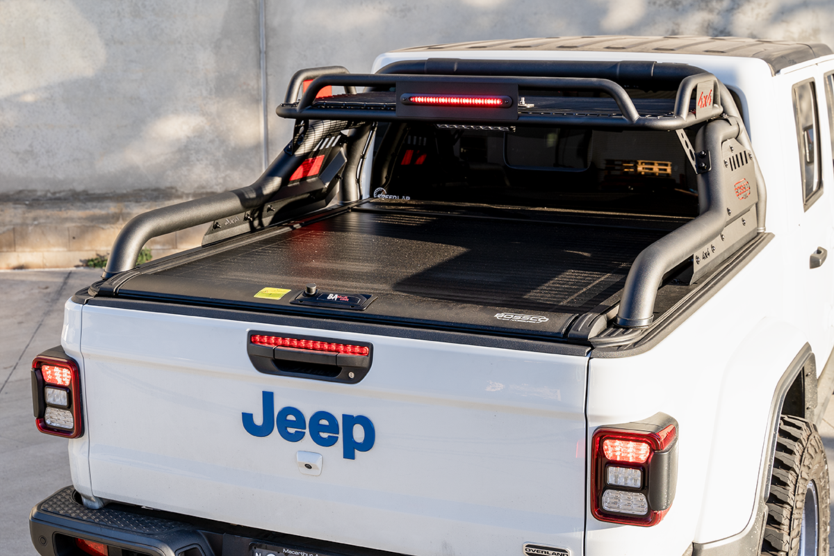 Adjustable Width Black Extended Roll Sports Bar With Basket & Integrated Rear Brake Light for Bossco Roller Covers
