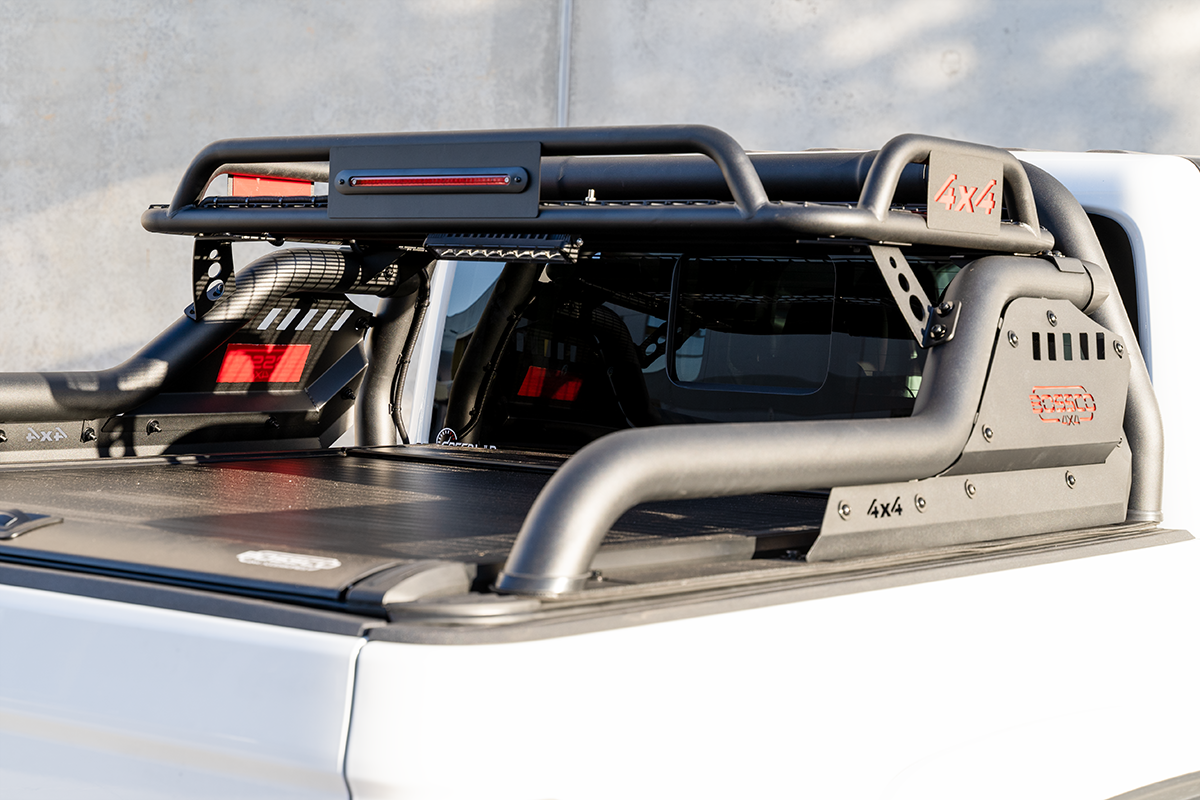 Adjustable Width Black Extended Roll Sports Bar With Basket & Integrated Rear Brake Light for Bossco Roller Covers