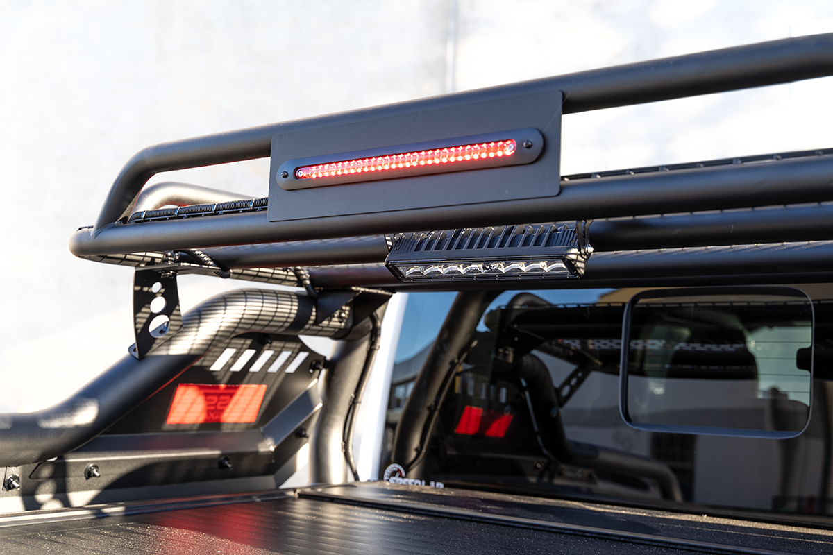 Adjustable Width Black Extended Roll Sports Bar With Basket & Integrated Rear Brake Light for Bossco Roller Covers