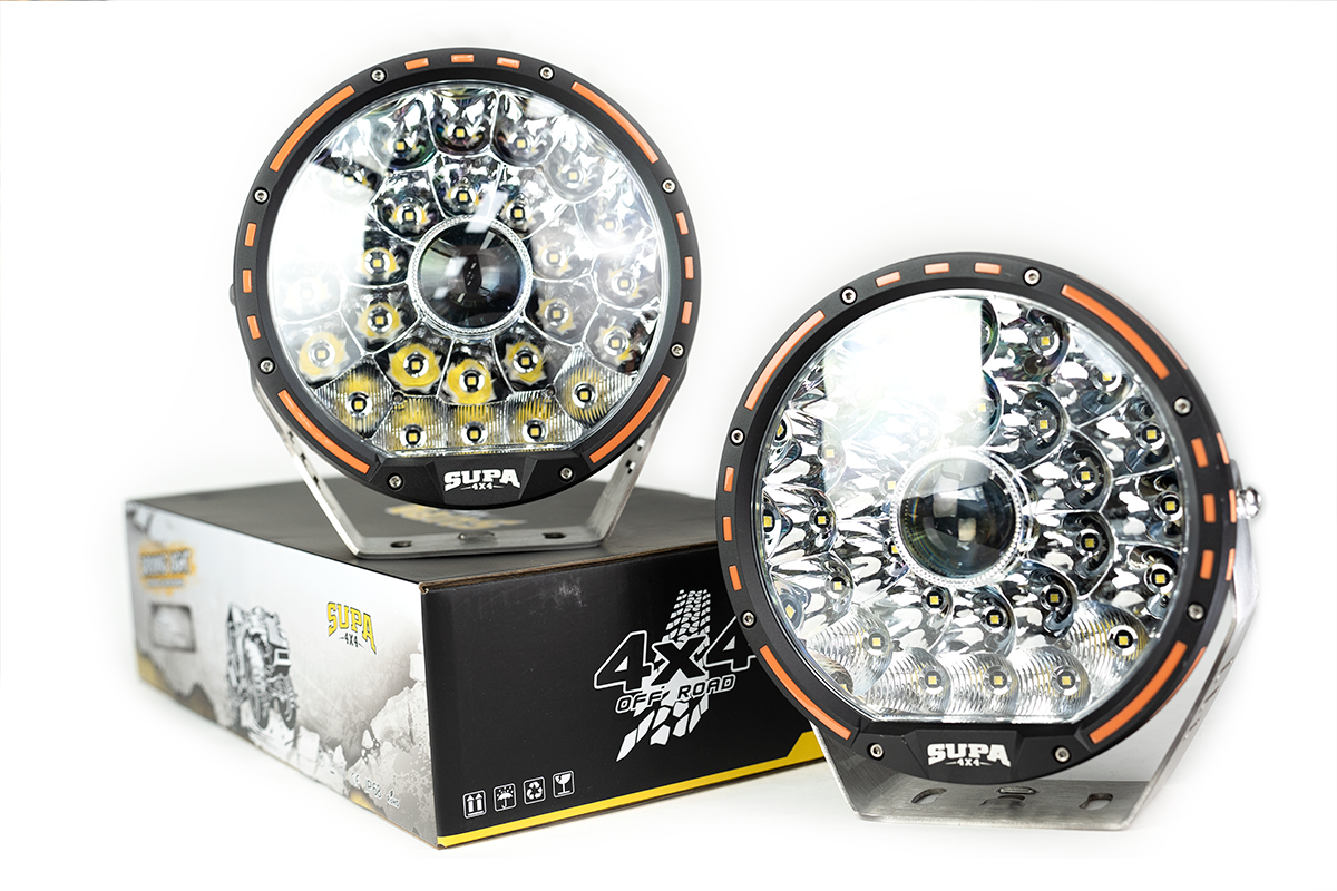 9" LED Driving Lights with LED LASER | 1 Lux @ 1200m | 23920 Lumens | IP68 Rated - PAIR With Harness