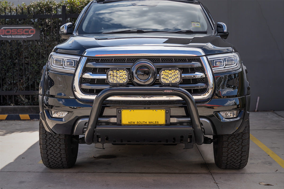 Black Steel Bossco 4x4 Nudge Bar With LED Spot Driving Lights Fitted