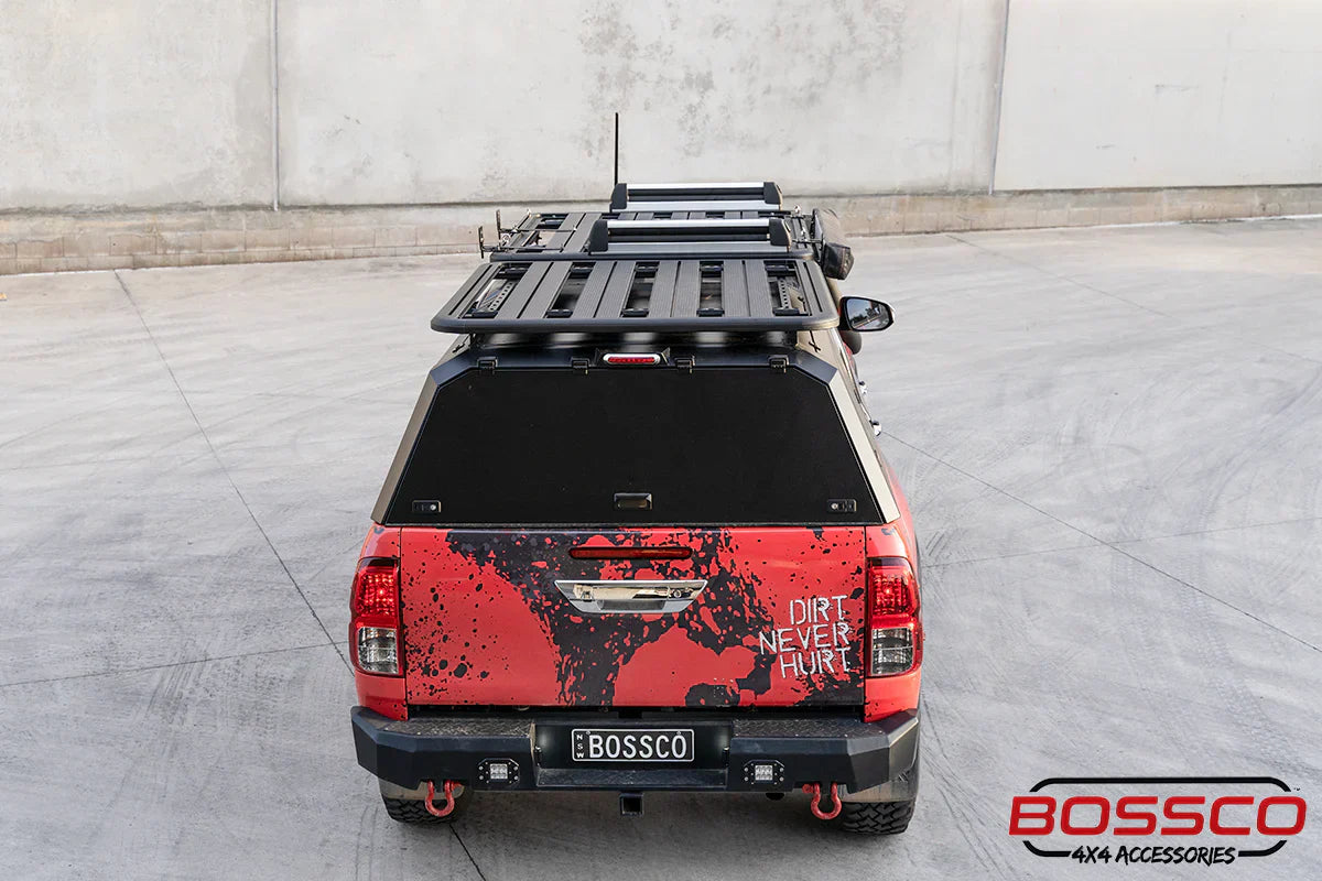 Dual Cab Tub Canopy with Bossco Roof Rack Platform installed on top of 4WD car with Toyota Hilux canopy by Bossco 4x4 Accessories.