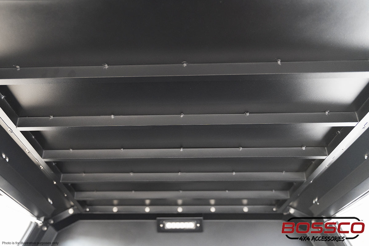 Aluminium internal frame and reinforcing ribs inside a Bossco canopy