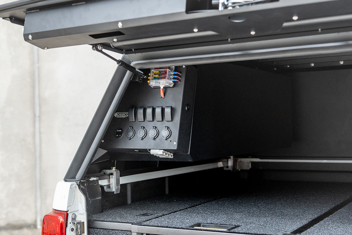 12V electrical control box installed inside a Bossco BCX-R canopy