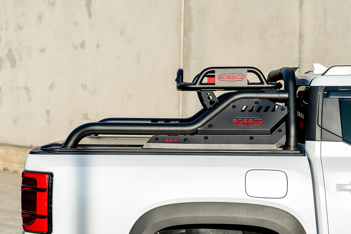 Adjustable Width Black Extended Roll Sports Bar With Basket & Integrated Rear Brake Light for Bossco Roller Covers