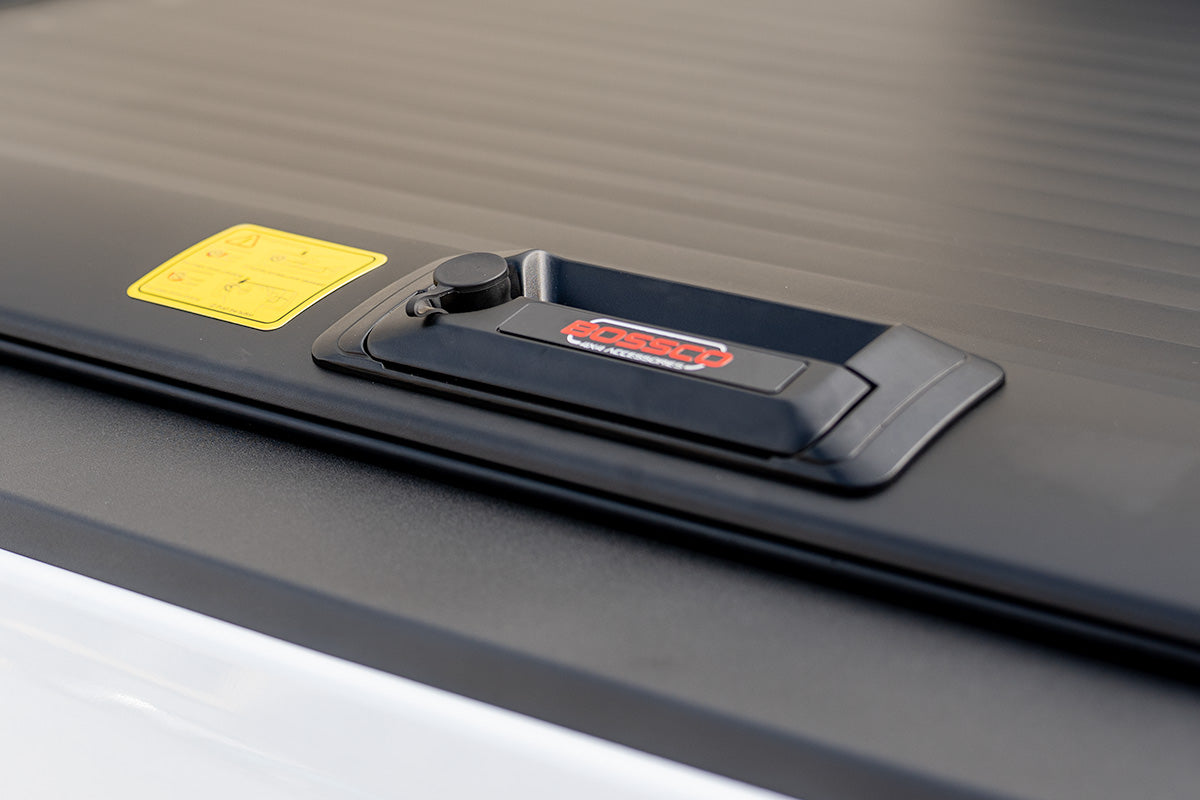 Bossco manual roller cover handle and key lock, with the Bossco logo