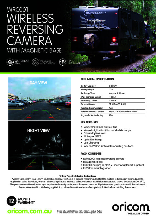 Oricom WRC001 IPX6 Wireless Reversing Camera with Magnetic Base